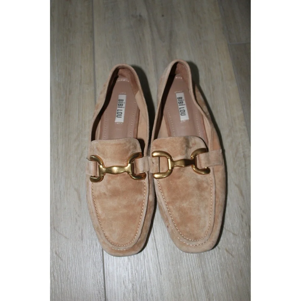 Bibi Lou Tan Soft Suede Horsebit Loafers Gold Hardware Size 39‎ Anthropologie